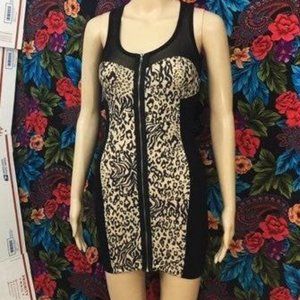 WOMENS MATERIAL GIRL FRONT ZIP UP Mini DRESS Size SMALL Cheetah Leopard Black